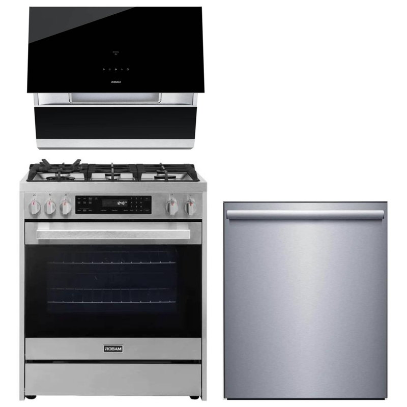 ROBAM 3-Piece Appliance Package - 30-Inch 5 Cu. Ft. Oven Freestanding Gas Range, Under Cabinet/Wall Mounted Range Hood and Dishwasher in Stainless Steel