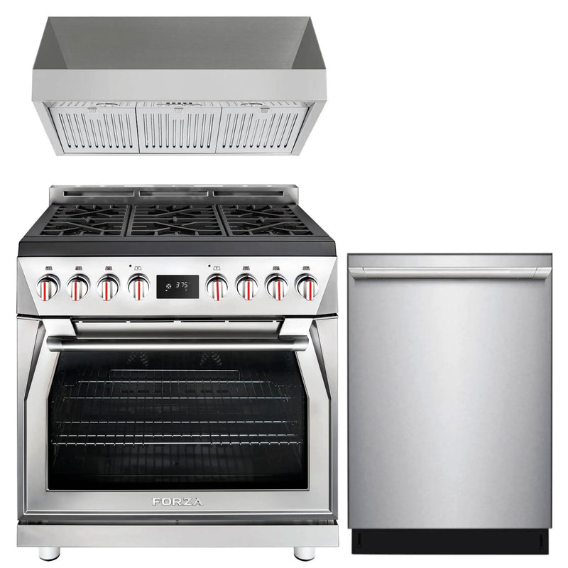 Forza 3-Piece Appliance Package - 36-Inch Dual Fuel Range, 18-Inch Pro-Style Under Cabinet Range Hood, & 24-Inch Dishwasher in Stainless Steel