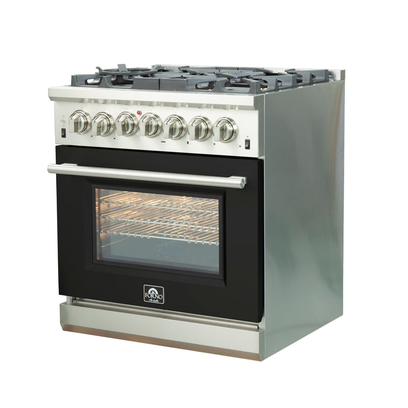 Forno 30" Capriasca Dual Fuel Range with 5 Gas Burners and 240v Electric Oven in Stainless Steel with Black Door (FFSGS6187-30BLK)