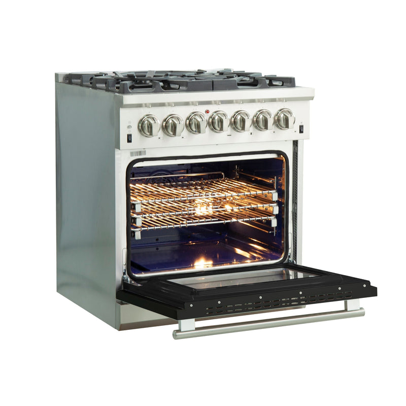 Forno 30" Capriasca Dual Fuel Range with 5 Gas Burners and 240v Electric Oven in Stainless Steel with Black Door (FFSGS6187-30BLK)