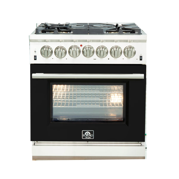 Forno 30" Capriasca Dual Fuel Range with 5 Gas Burners and 240v Electric Oven in Stainless Steel with Black Door (FFSGS6187-30BLK)