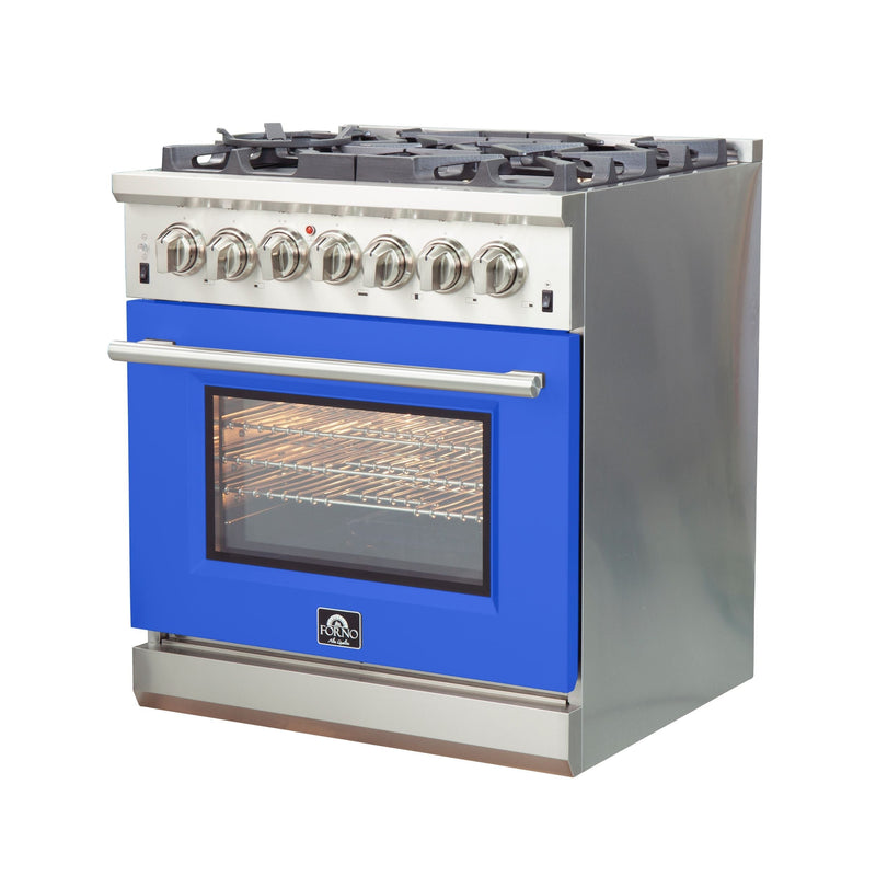 Forno 30" Capriasca Dual Fuel Range with 5 Gas Burners and 240v Electric Oven in Stainless Steel with Blue Door (FFSGS6187-30BLU)