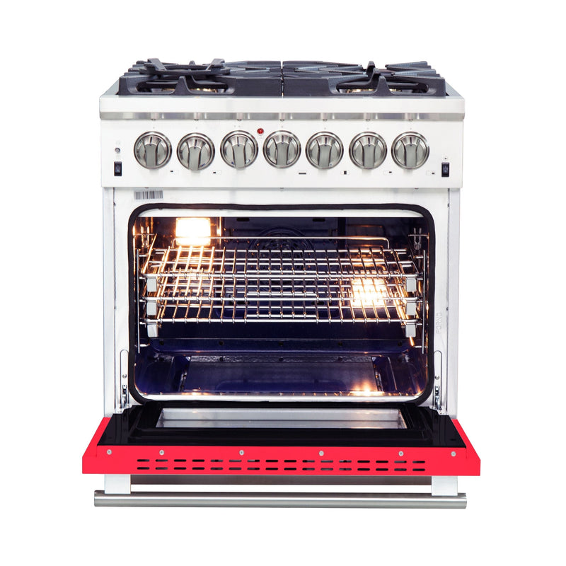 Forno 30" Capriasca Dual Fuel Range with 5 Gas Burners and 240v Electric Oven in Stainless Steel with Red Door (FFSGS6187-30RED)