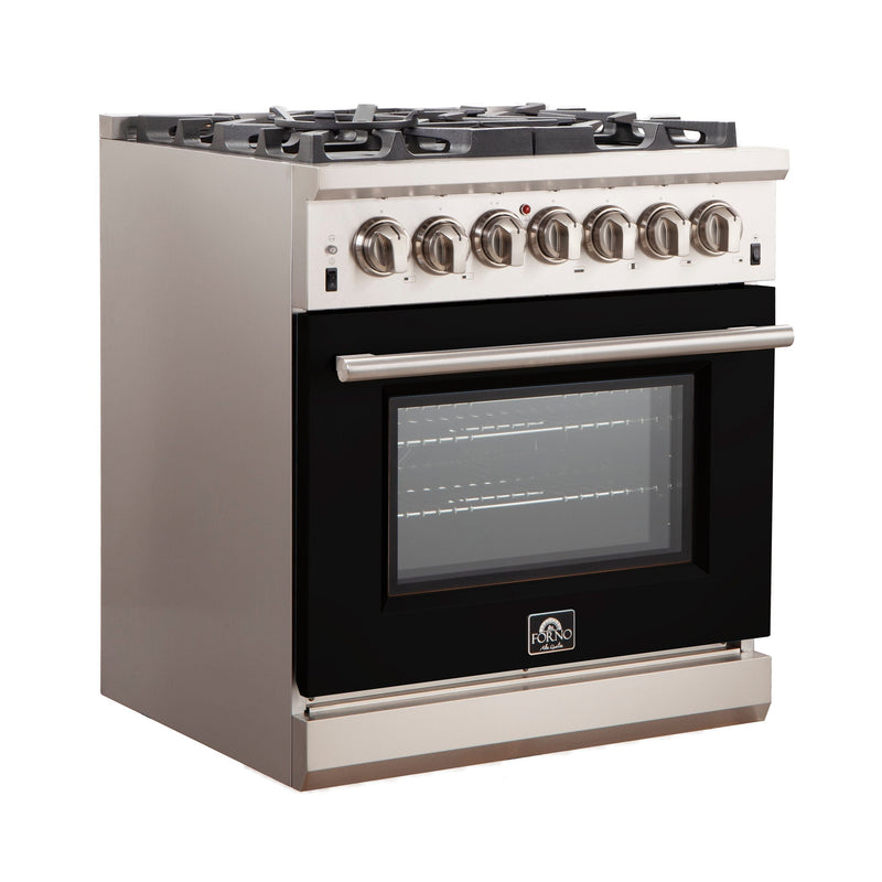 Forno 30" Capriasca Gas Range with 5 Burners and Convection Oven in Stainless Steel with Black Door (FFSGS6260-30BLK)