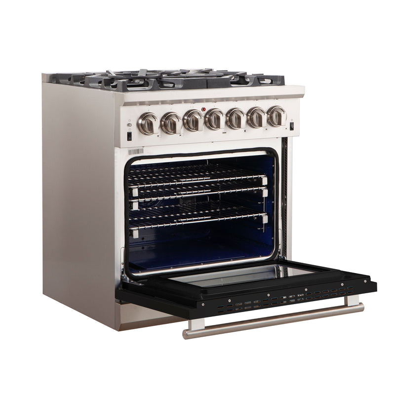 Forno 30" Capriasca Gas Range with 5 Burners and Convection Oven in Stainless Steel with Black Door (FFSGS6260-30BLK)