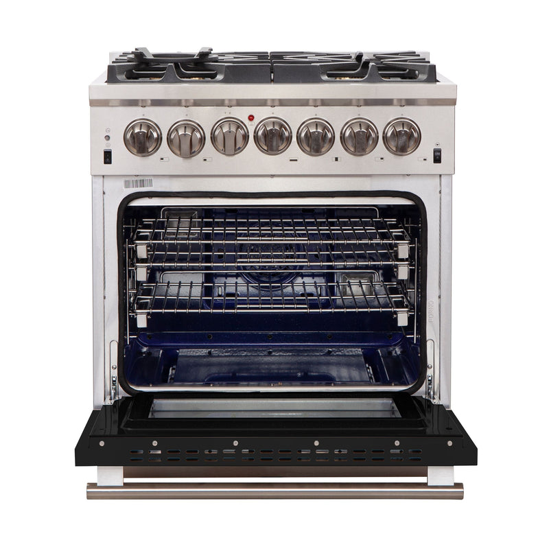 Forno 30" Capriasca Gas Range with 5 Burners and Convection Oven in Stainless Steel with Black Door (FFSGS6260-30BLK)