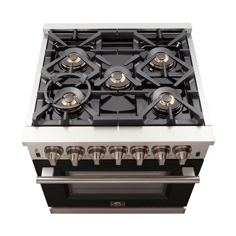 Forno 30" Capriasca Gas Range with 5 Burners and Convection Oven in Stainless Steel with Black Door (FFSGS6260-30BLK)