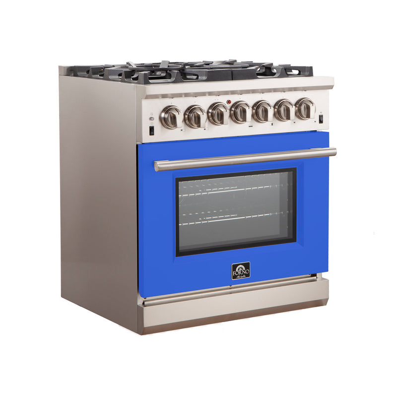 Forno 30" Capriasca Gas Range with 5 Burners and Convection Oven in Stainless Steel with Blue Door (FFSGS6260-30BLU)