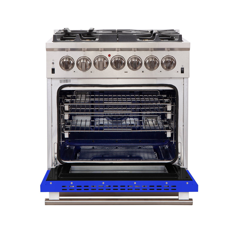 Forno 30" Capriasca Gas Range with 5 Burners and Convection Oven in Stainless Steel with Blue Door (FFSGS6260-30BLU)