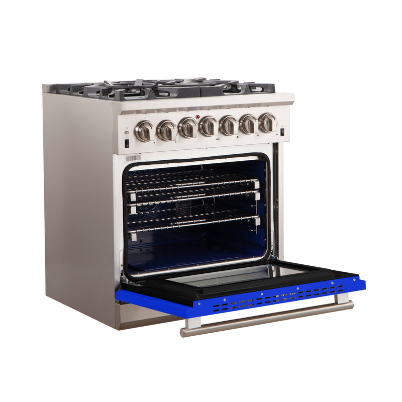 Forno 30" Capriasca Gas Range with 5 Burners and Convection Oven in Stainless Steel with Blue Door (FFSGS6260-30BLU)