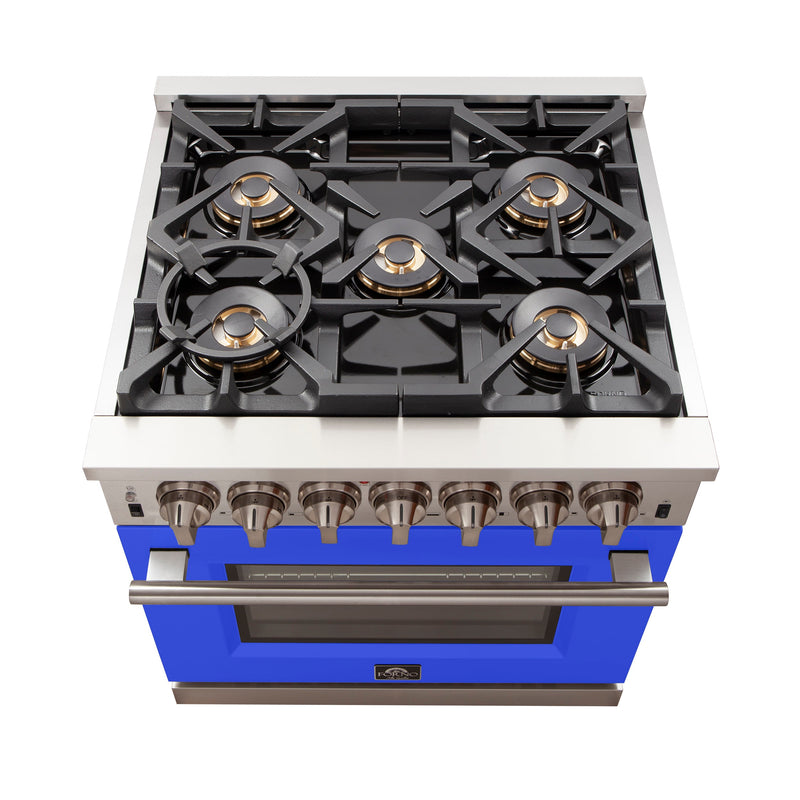 Forno 30" Capriasca Gas Range with 5 Burners and Convection Oven in Stainless Steel with Blue Door (FFSGS6260-30BLU)