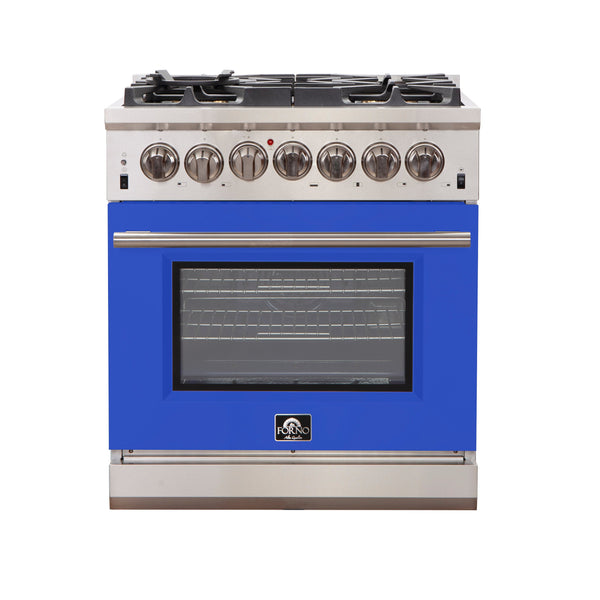 Forno 30" Capriasca Gas Range with 5 Burners and Convection Oven in Stainless Steel with Blue Door (FFSGS6260-30BLU)