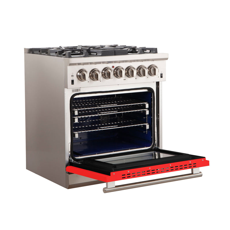 Forno 30" Capriasca Gas Range with 5 Burners and Convection Oven in Stainless Steel with Red Door (FFSGS6260-30RED)