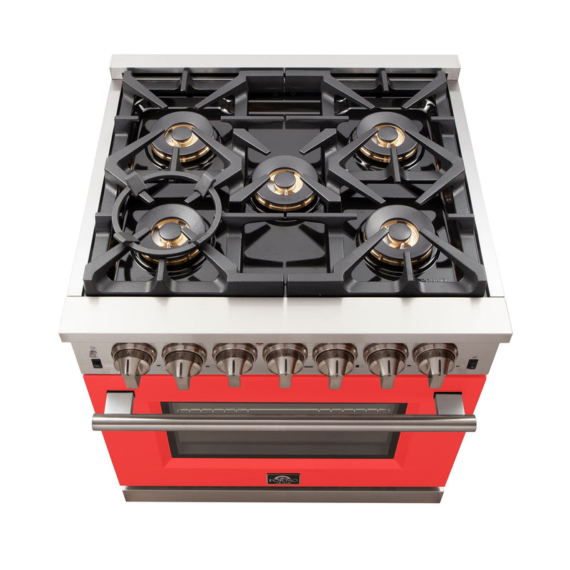 Forno 30" Capriasca Gas Range with 5 Burners and Convection Oven in Stainless Steel with Red Door (FFSGS6260-30RED)