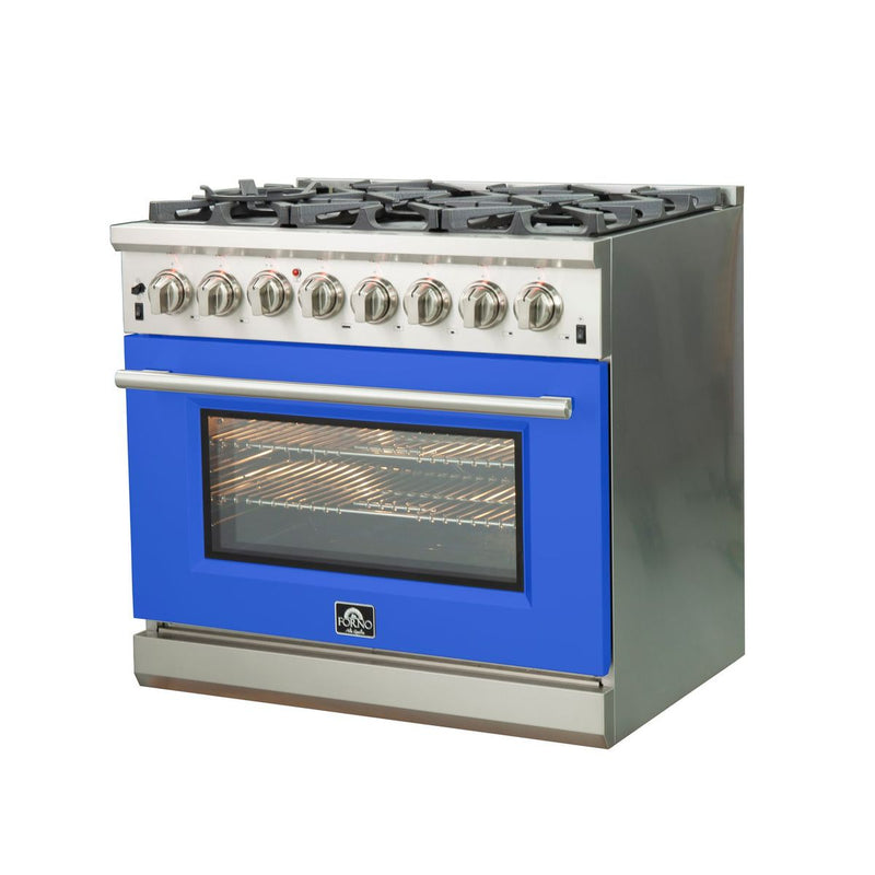 Forno 36" Capriasca Dual Fuel Range with 6 Gas Burners and 240v Electric Oven in Stainless Steel with Blue Door (FFSGS6187-36BLU)