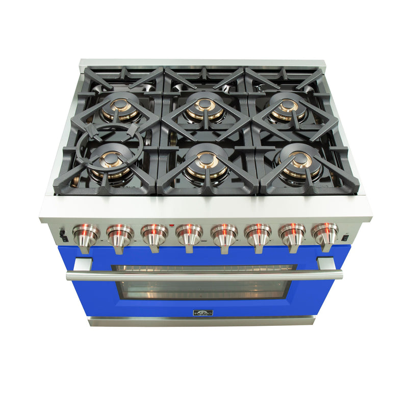 Forno 36" Capriasca Dual Fuel Range with 6 Gas Burners and 240v Electric Oven in Stainless Steel with Blue Door (FFSGS6187-36BLU)