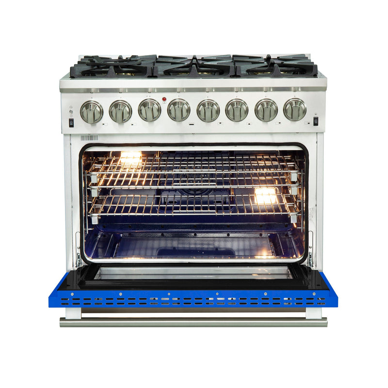 Forno 36" Capriasca Dual Fuel Range with 6 Gas Burners and 240v Electric Oven in Stainless Steel with Blue Door (FFSGS6187-36BLU)