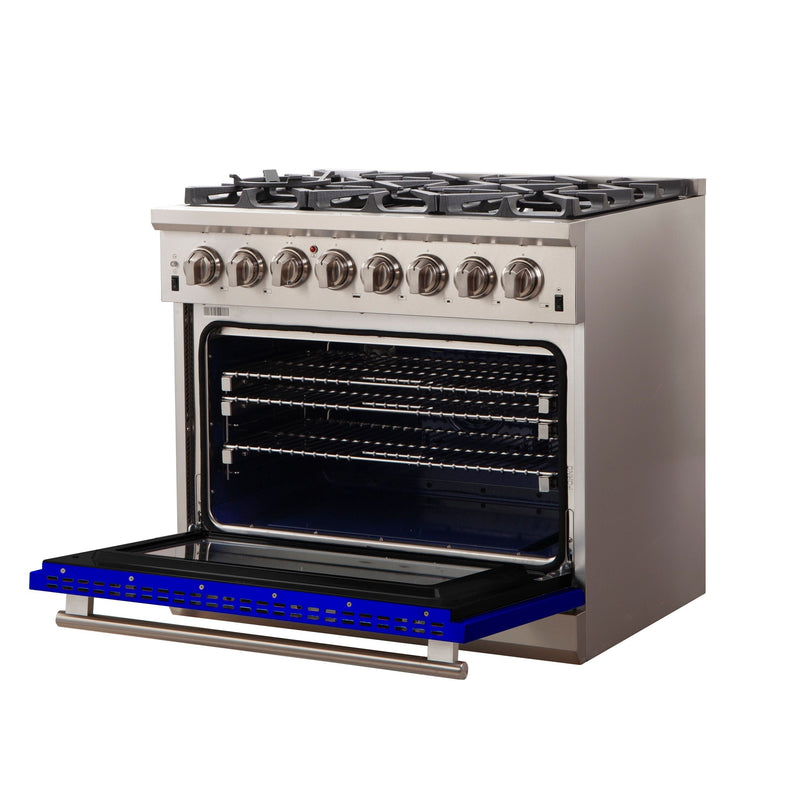 Forno 36" Capriasca Dual Fuel Range with 6 Gas Burners and 240v Electric Oven in Stainless Steel with Blue Door (FFSGS6187-36BLU)