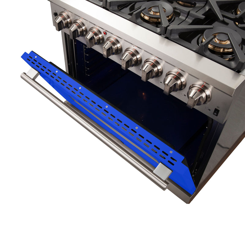 Forno 36" Capriasca Dual Fuel Range with 6 Gas Burners and 240v Electric Oven in Stainless Steel with Blue Door (FFSGS6187-36BLU)