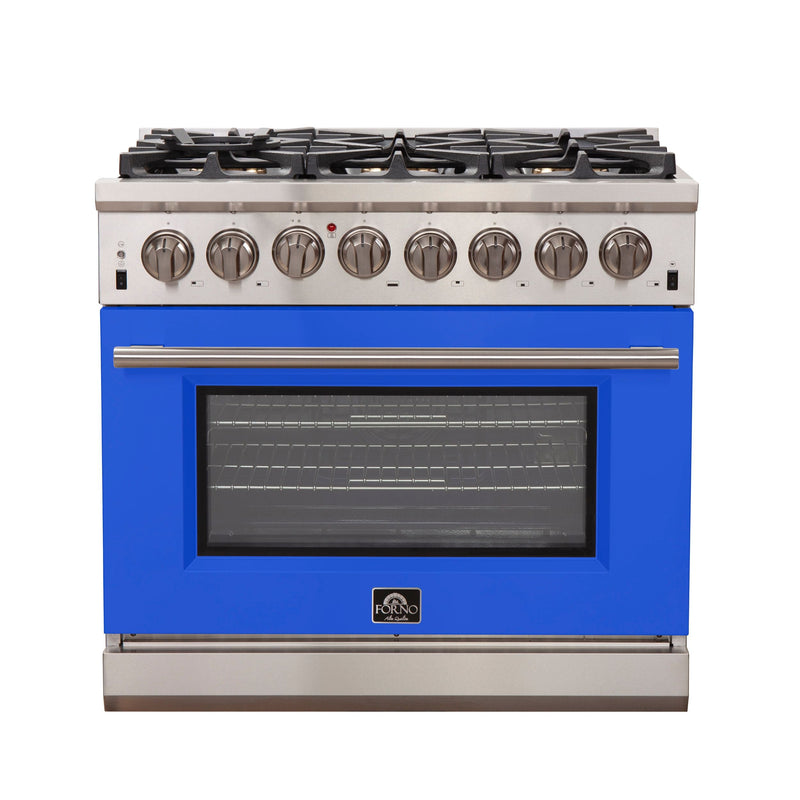 Forno 36" Capriasca Dual Fuel Range with 6 Gas Burners and 240v Electric Oven in Stainless Steel with Blue Door (FFSGS6187-36BLU)