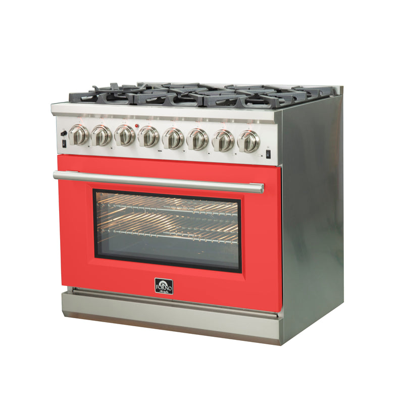 Forno 36" Capriasca Dual Fuel Range with 6 Gas Burners and 240v Electric Oven in Stainless Steel with Red Door (FFSGS6187-36RED)