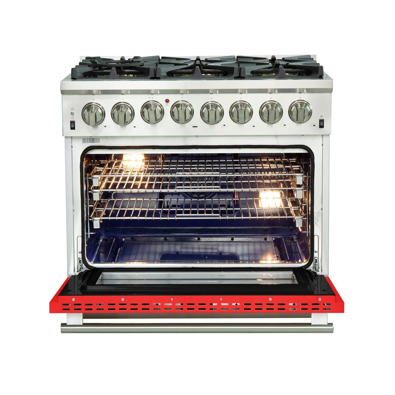 Forno 36" Capriasca Dual Fuel Range with 6 Gas Burners and 240v Electric Oven in Stainless Steel with Red Door (FFSGS6187-36RED)