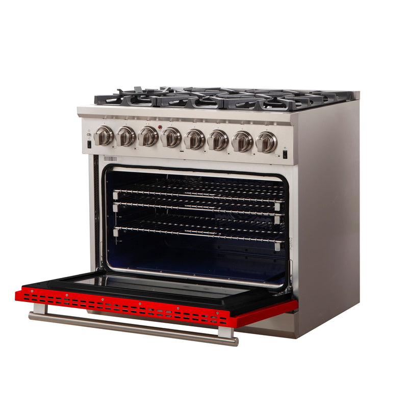 Forno 36" Capriasca Dual Fuel Range with 6 Gas Burners and 240v Electric Oven in Stainless Steel with Red Door (FFSGS6187-36RED)