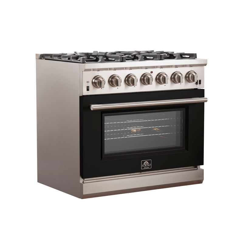 Forno 36" Capriasca Gas Range with 6 Burners and Convection Oven in Stainless Steel with Black Door (FFSGS6260-36BLK)