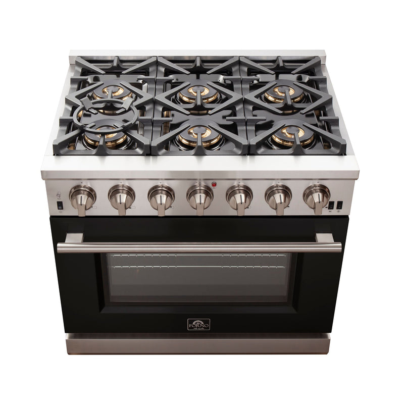 Forno 36" Capriasca Gas Range with 6 Burners and Convection Oven in Stainless Steel with Black Door (FFSGS6260-36BLK)