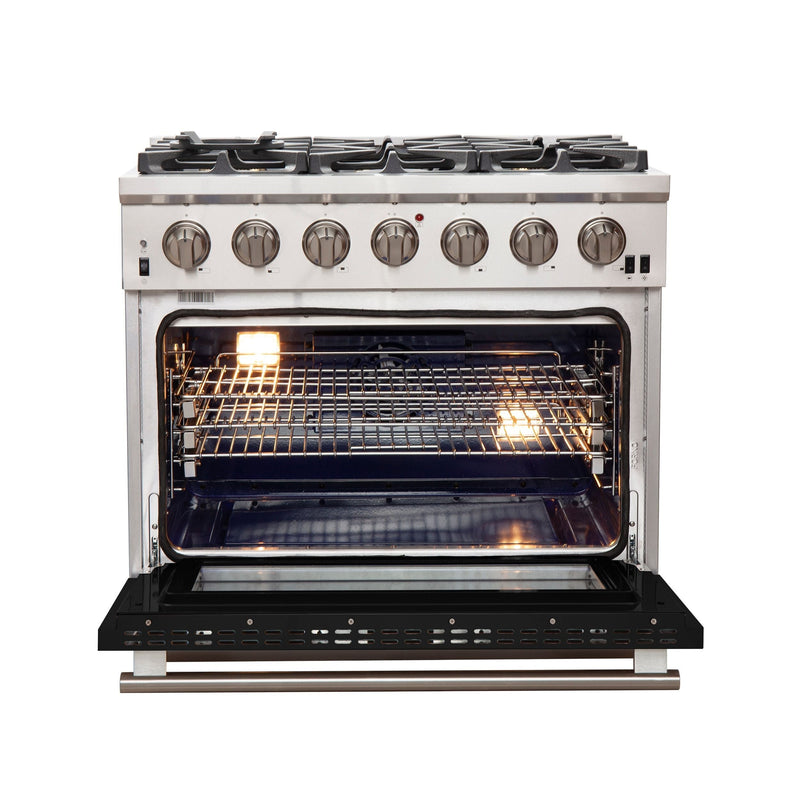 Forno 36" Capriasca Gas Range with 6 Burners and Convection Oven in Stainless Steel with Black Door (FFSGS6260-36BLK)