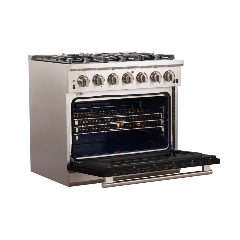 Forno 36" Capriasca Gas Range with 6 Burners and Convection Oven in Stainless Steel with Black Door (FFSGS6260-36BLK)