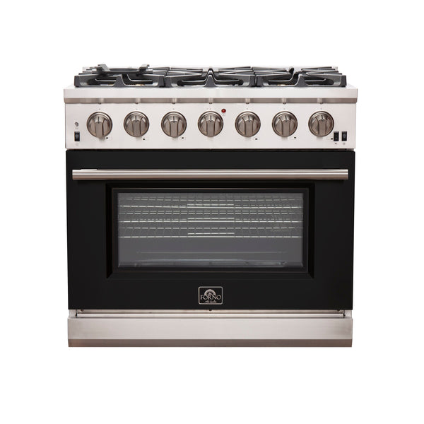 Forno 36" Capriasca Gas Range with 6 Burners and Convection Oven in Stainless Steel with Black Door (FFSGS6260-36BLK)