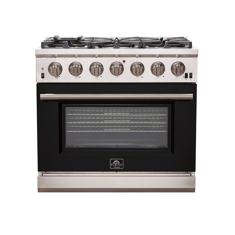 Forno 36" Capriasca Gas Range with 6 Burners and Convection Oven in Stainless Steel with Black Door (FFSGS6260-36BLK)