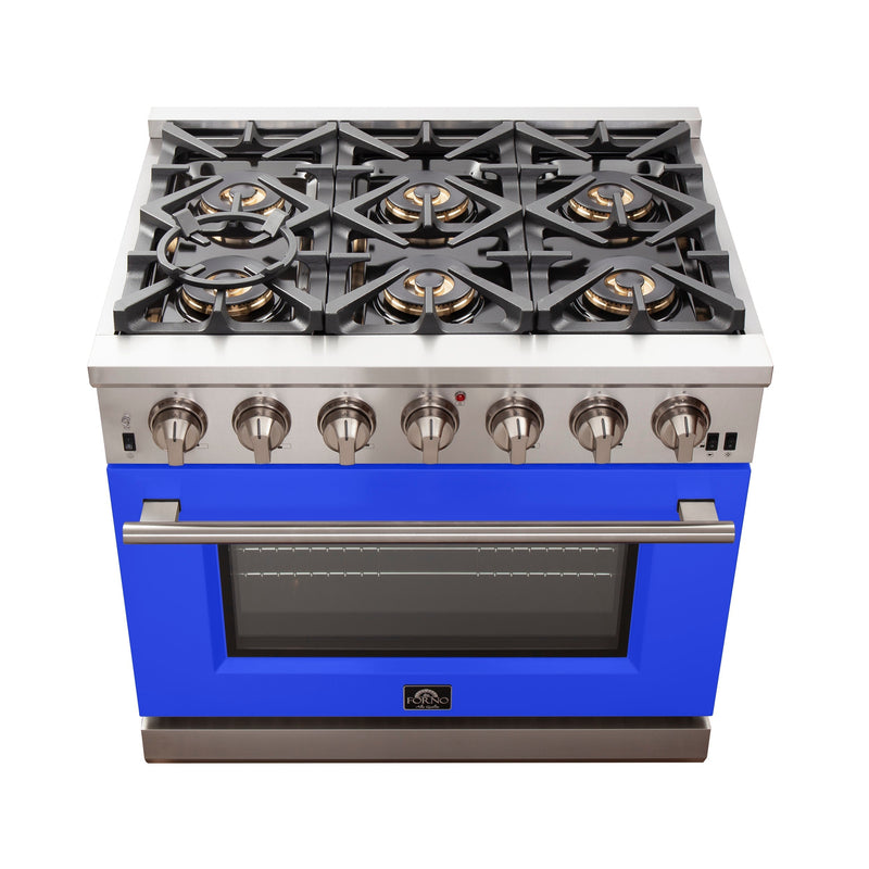 Forno 36" Capriasca Gas Range with 6 Burners and Convection Oven in Stainless Steel with Blue Door (FFSGS6260-36BLU)