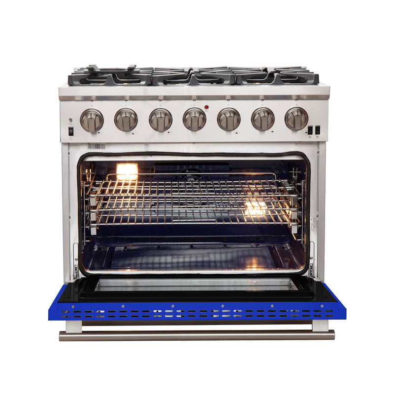 Forno 36" Capriasca Gas Range with 6 Burners and Convection Oven in Stainless Steel with Blue Door (FFSGS6260-36BLU)