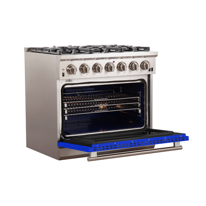 Forno 36" Capriasca Gas Range with 6 Burners and Convection Oven in Stainless Steel with Blue Door (FFSGS6260-36BLU)