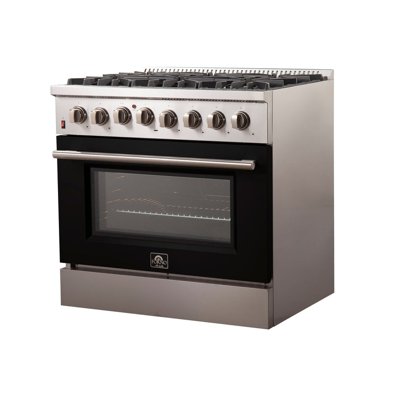 Forno 36" Galiano Dual Fuel Range with 6 Gas Burners and 240v Electric Oven in Stainless Steel with Black Door (FFSGS6156-36BLK)