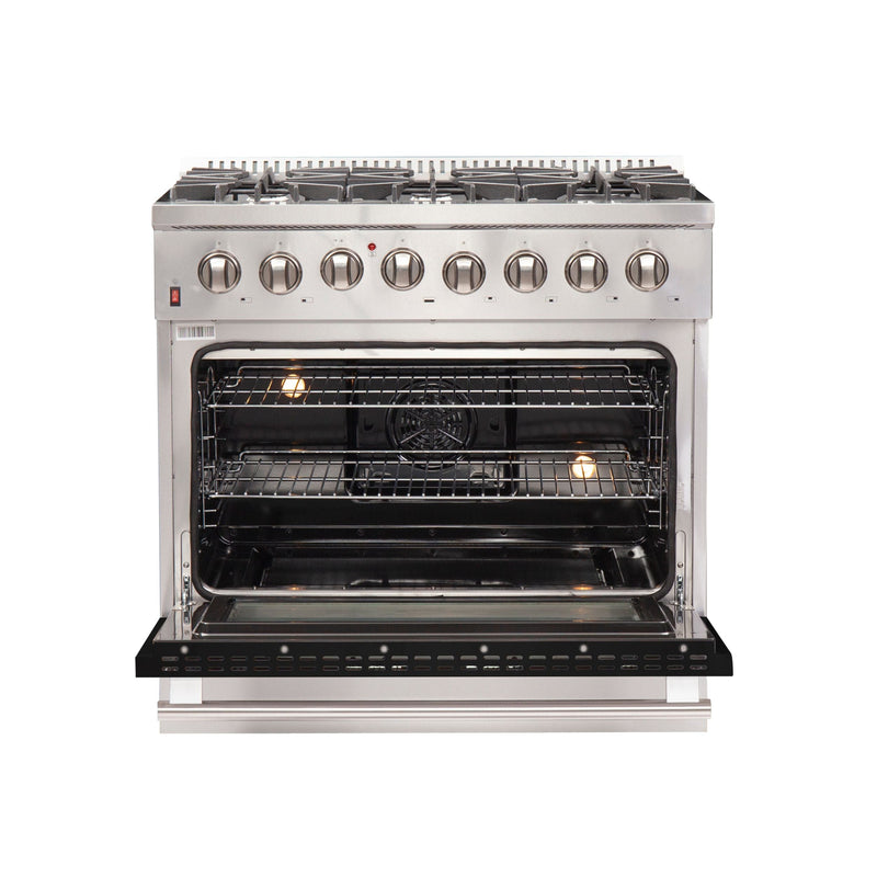 Forno 36" Galiano Dual Fuel Range with 6 Gas Burners and 240v Electric Oven in Stainless Steel with Black Door (FFSGS6156-36BLK)