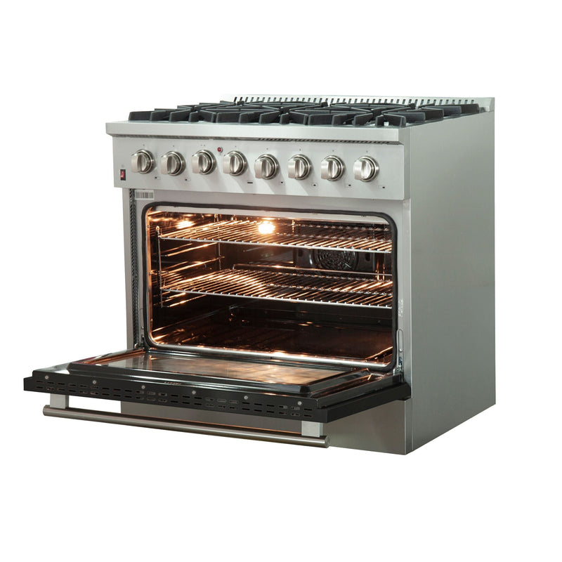 Forno 36" Galiano Dual Fuel Range with 6 Gas Burners and 240v Electric Oven in Stainless Steel with Black Door (FFSGS6156-36BLK)