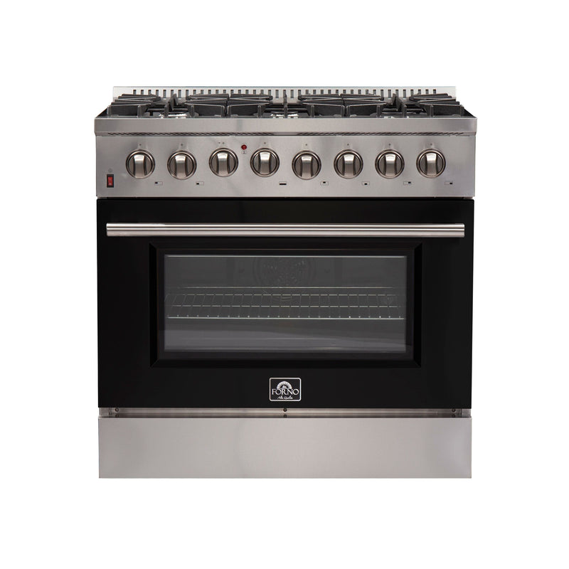 Forno 36" Galiano Dual Fuel Range with 6 Gas Burners and 240v Electric Oven in Stainless Steel with Black Door (FFSGS6156-36BLK)