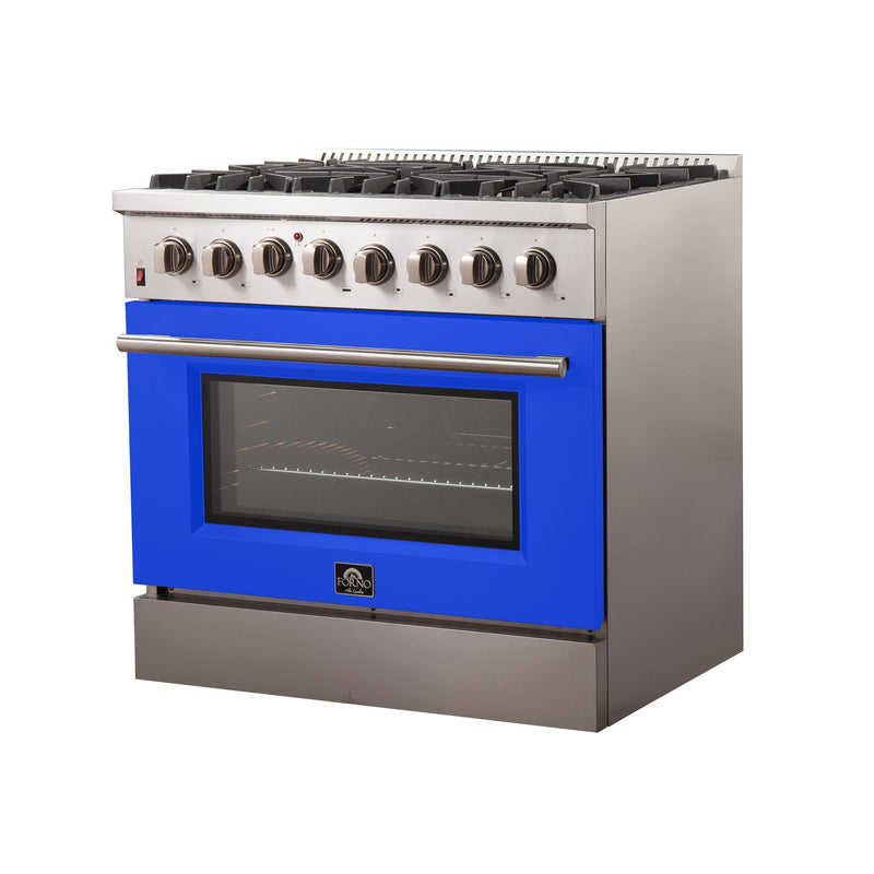 Forno 36" Galiano Dual Fuel Range with 6 Gas Burners and 240v Electric Oven in Stainless Steel with Blue Door (FFSGS6156-36BLU)