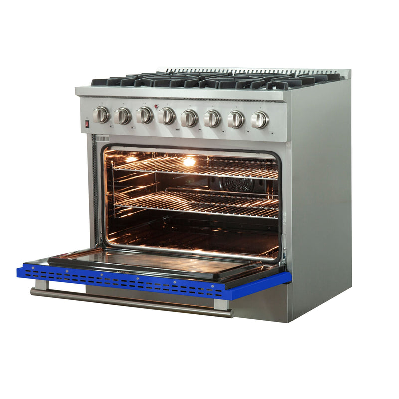 Forno 36" Galiano Dual Fuel Range with 6 Gas Burners and 240v Electric Oven in Stainless Steel with Blue Door (FFSGS6156-36BLU)