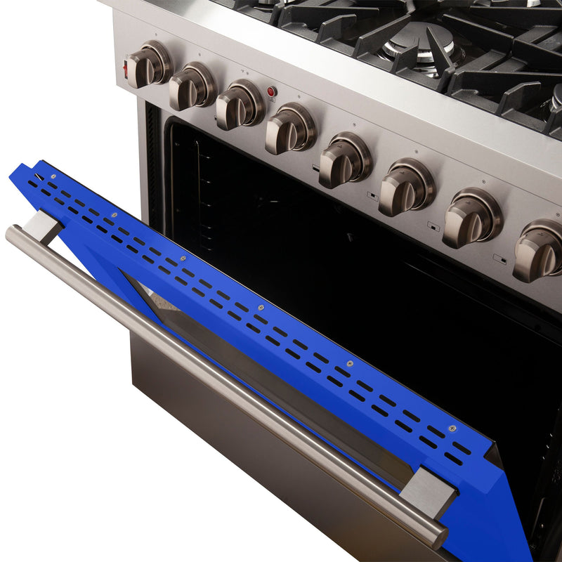 Forno 36" Galiano Dual Fuel Range with 6 Gas Burners and 240v Electric Oven in Stainless Steel with Blue Door (FFSGS6156-36BLU)