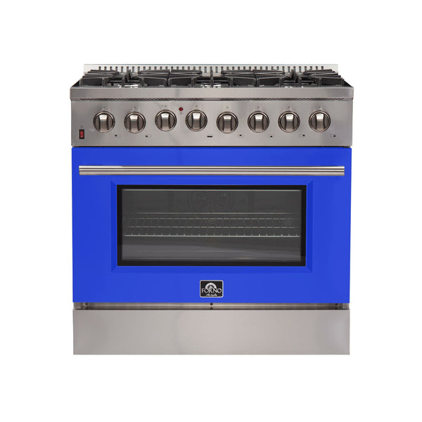 Forno 36" Galiano Dual Fuel Range with 6 Gas Burners and 240v Electric Oven in Stainless Steel with Blue Door (FFSGS6156-36BLU)