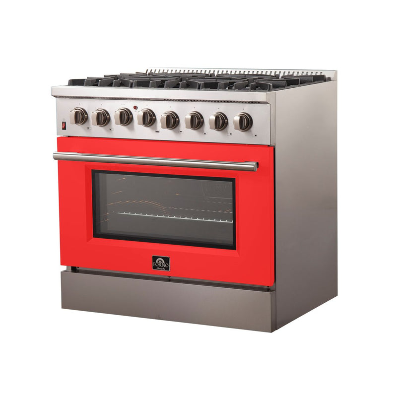 Forno 36" Galiano Dual Fuel Range with 6 Gas Burners and 240v Electric Oven in Stainless Steel with Red Door (FFSGS6156-36RED)