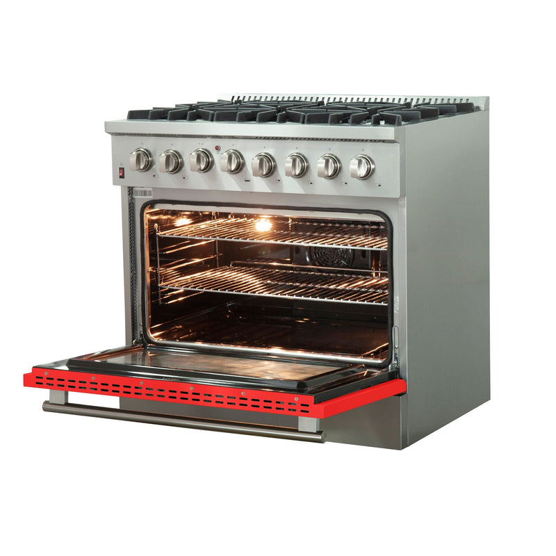 Forno 36" Galiano Dual Fuel Range with 6 Gas Burners and 240v Electric Oven in Stainless Steel with Red Door (FFSGS6156-36RED)