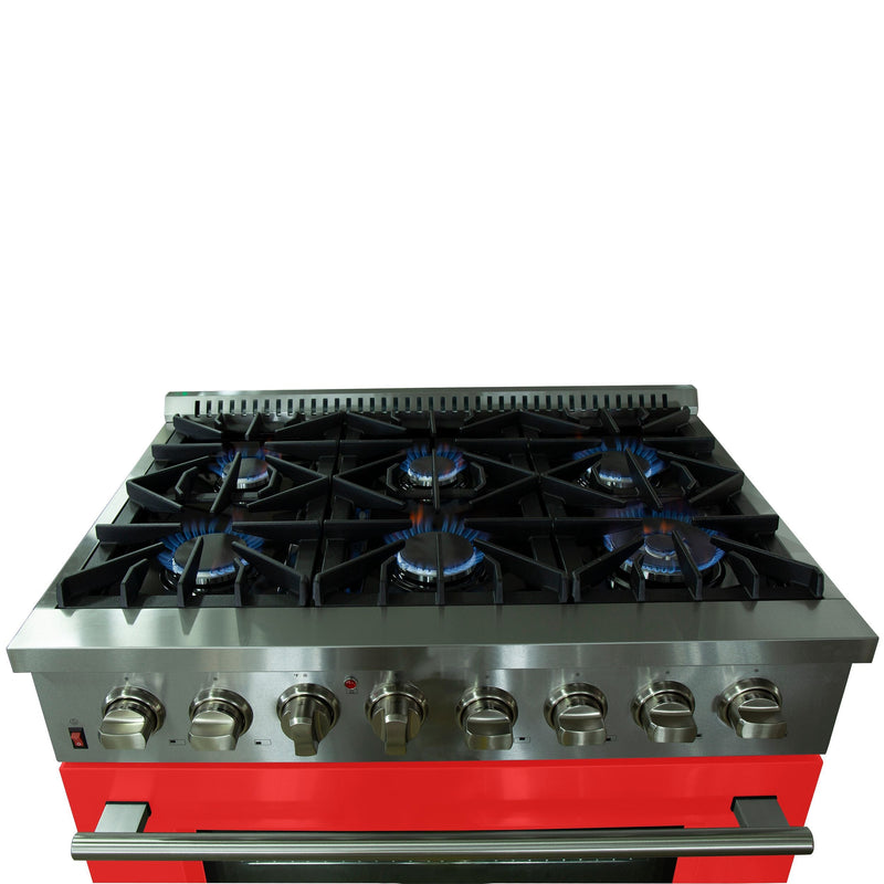 Forno 36" Galiano Dual Fuel Range with 6 Gas Burners and 240v Electric Oven in Stainless Steel with Red Door (FFSGS6156-36RED)