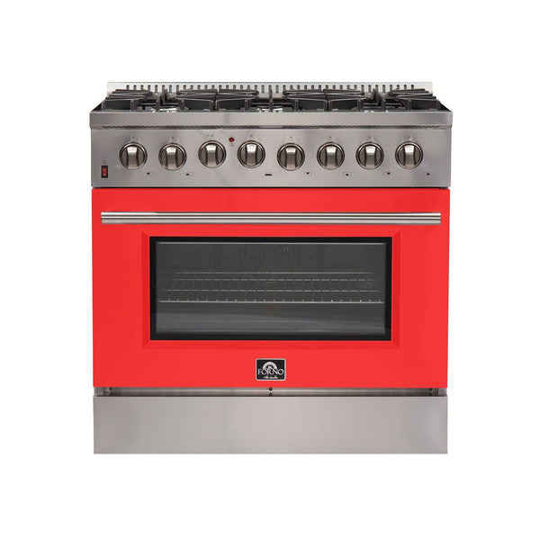 Forno 36" Galiano Dual Fuel Range with 6 Gas Burners and 240v Electric Oven in Stainless Steel with Red Door (FFSGS6156-36RED)