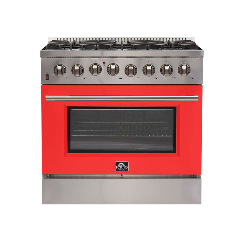 Forno 36" Galiano Dual Fuel Range with 6 Gas Burners and 240v Electric Oven in Stainless Steel with Red Door (FFSGS6156-36RED)