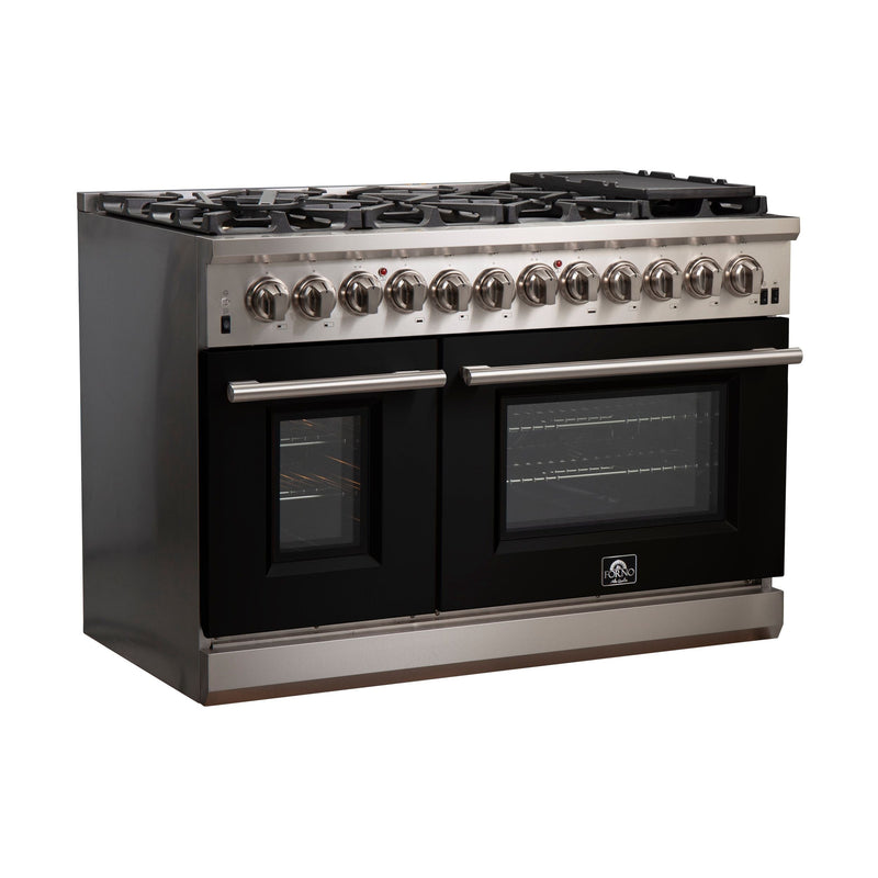 Forno 48" Capriasca Dual Fuel Range with 8 Gas Burners and 240v Electric Oven in Stainless Steel with Black Door (FFSGS6187-48BLK)